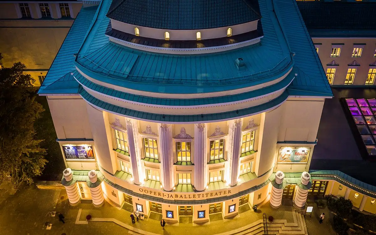 The Estonian National Opera building at night